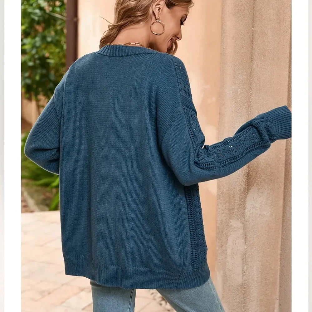 Open Knit Drop Shoulder Cardigan in Teal Size Medium